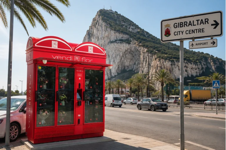 Wizualizacja polskiego Kwiatomatu VendiFlor pracującegho na gorącej ulicy Gibraltaru w pełnym śródziemnomorskim słońcu. Technologia Eldrut Automatics zapewnia stabilne warunki przechowywania kwiatów nawet podczas temperatur przekraczających 40°C.